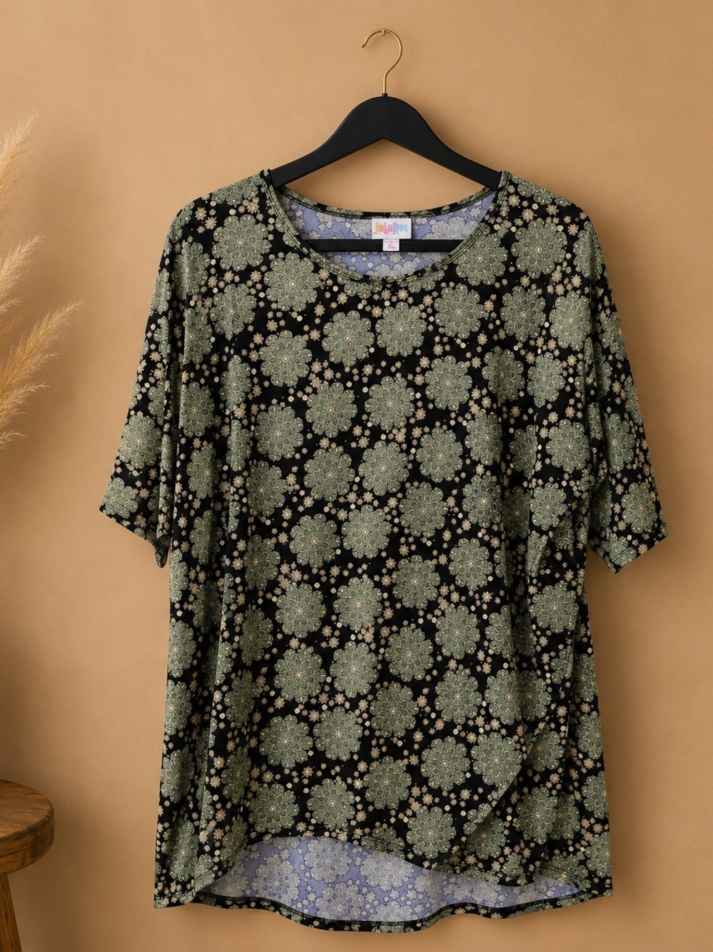 LuLaRoe Black Tee with Olive Floral Medallion Print